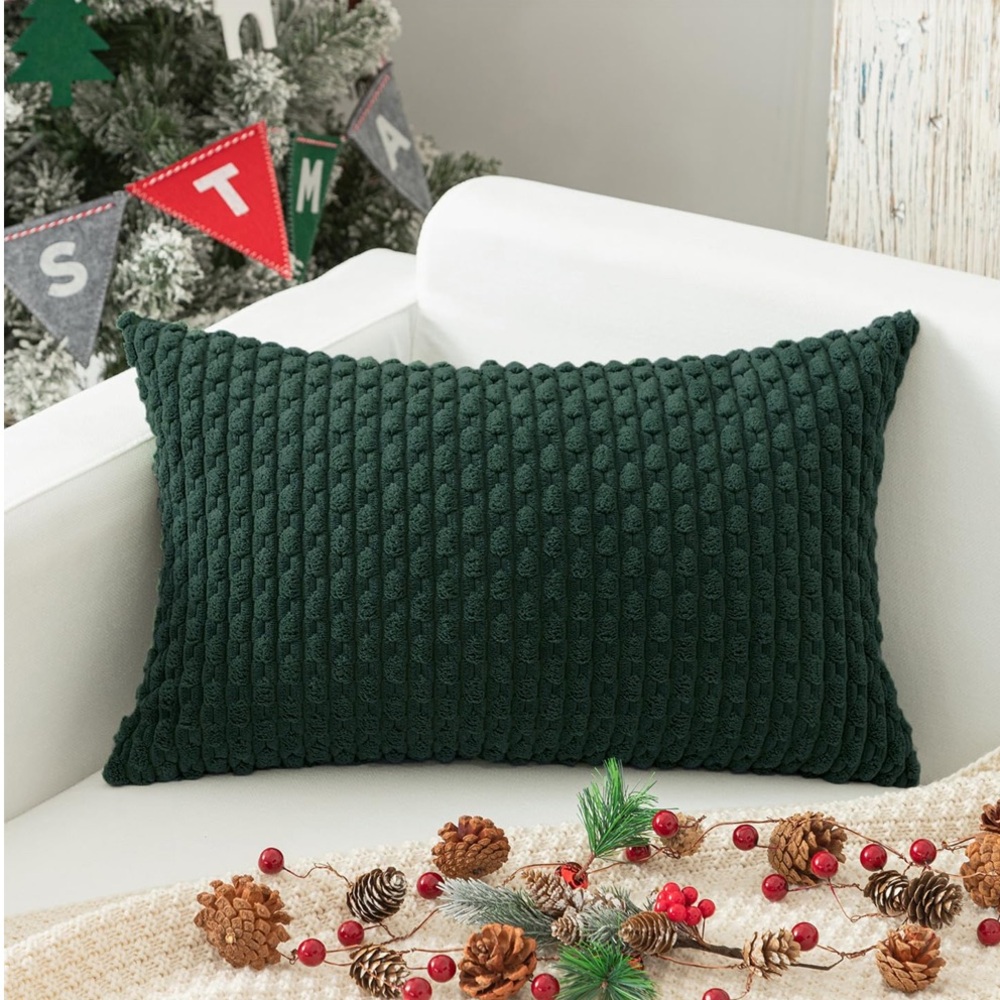 Holiday Textured Corduroy Lumbar Throw Pillow Cover 24x14” Army Green (1-count)